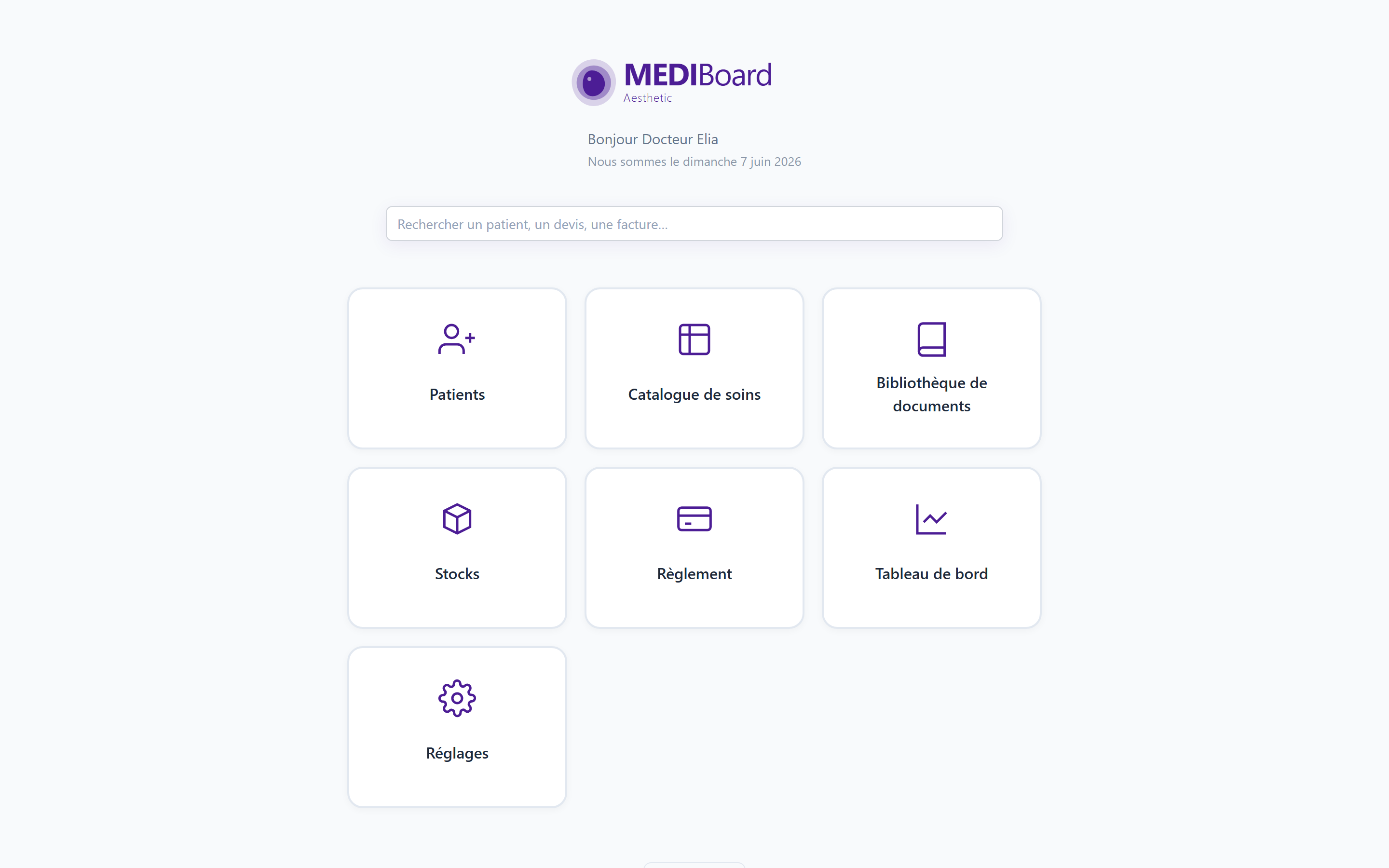 Page d'accueil de Mediboard avec recherche et modules