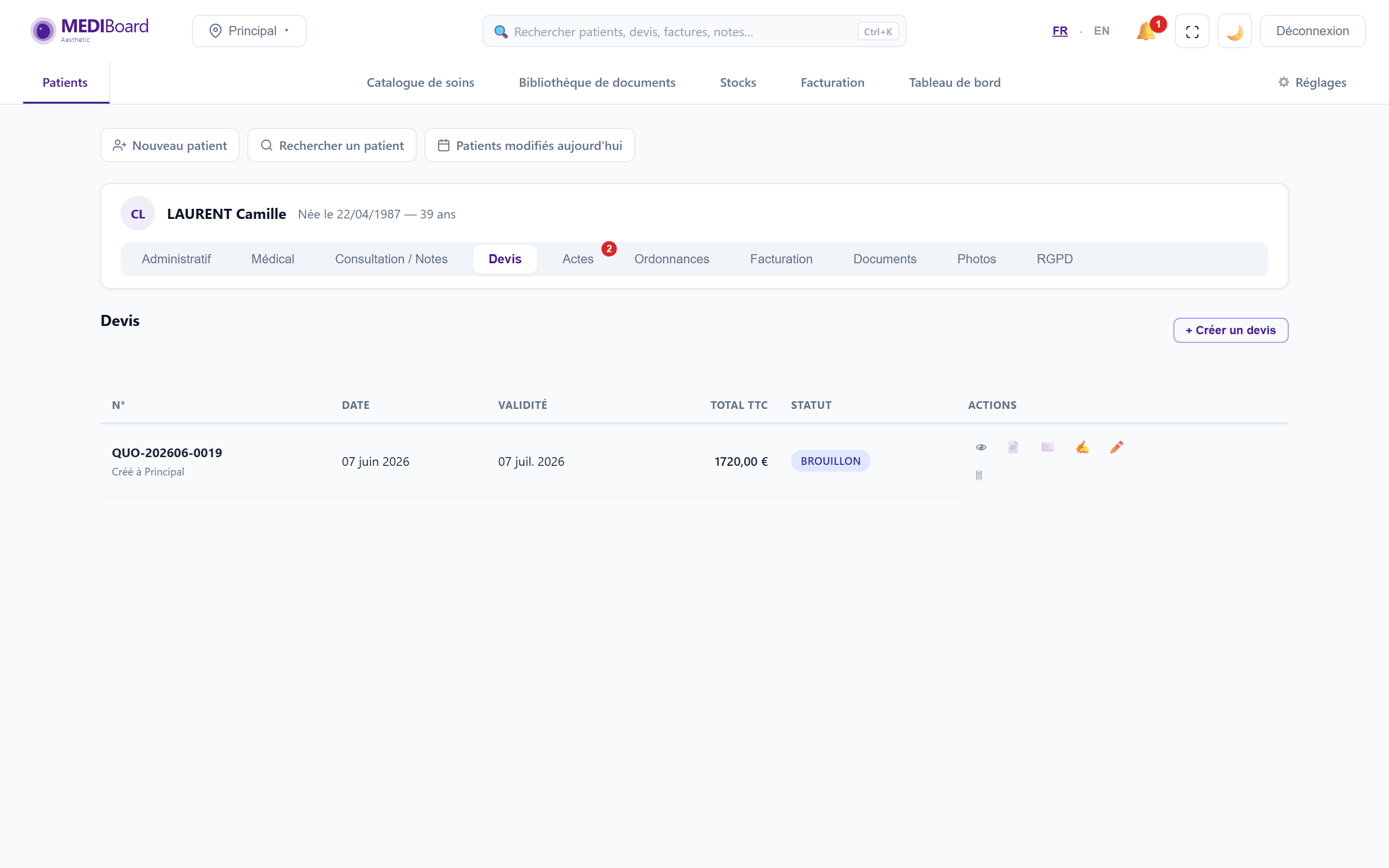 Liste des devis d'un patient avec statut et actions