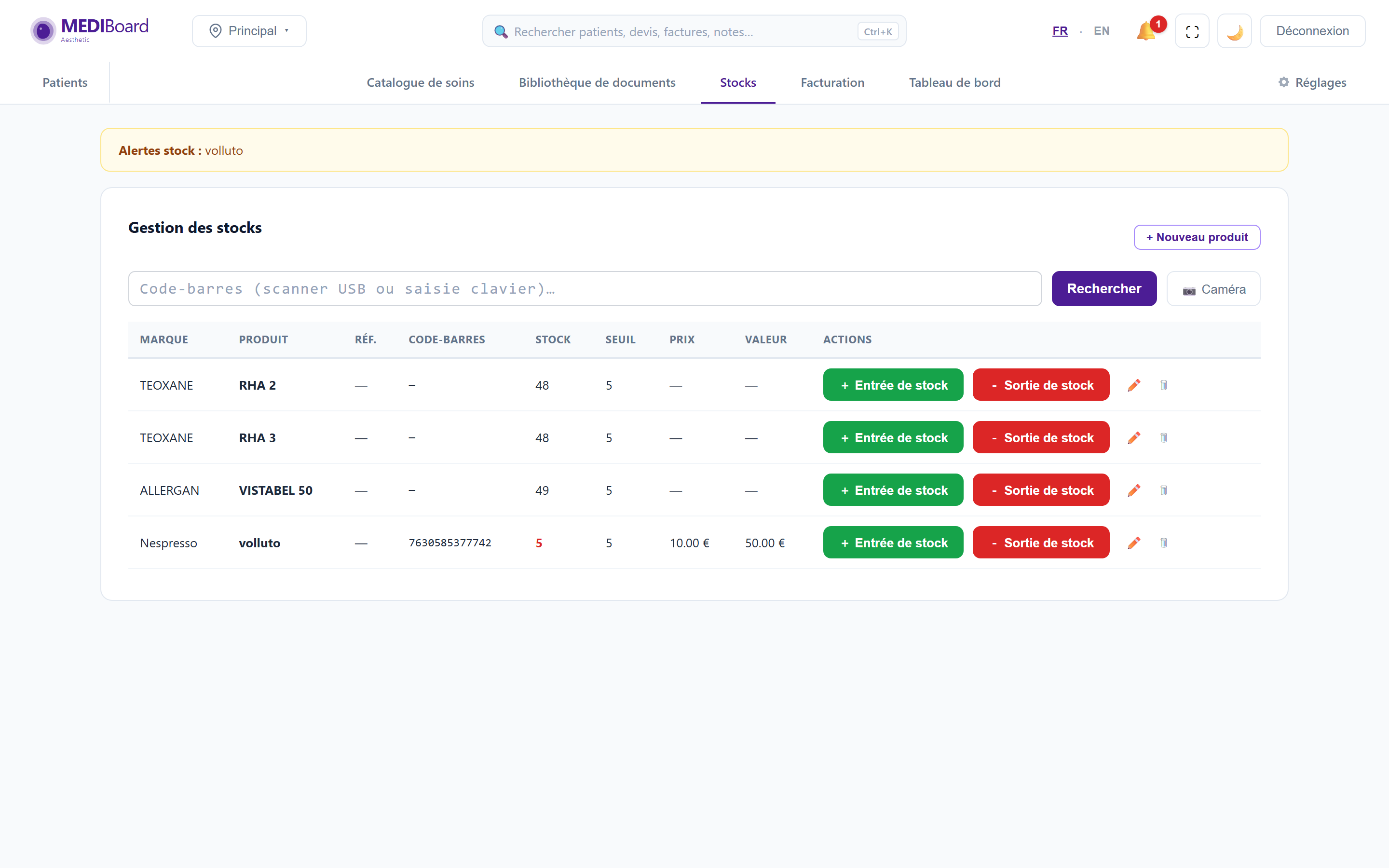 Gestion des stocks avec alertes de seuil